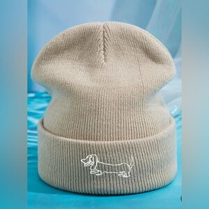 NEW Kids Beige Beanie with Dachshund Embroidery